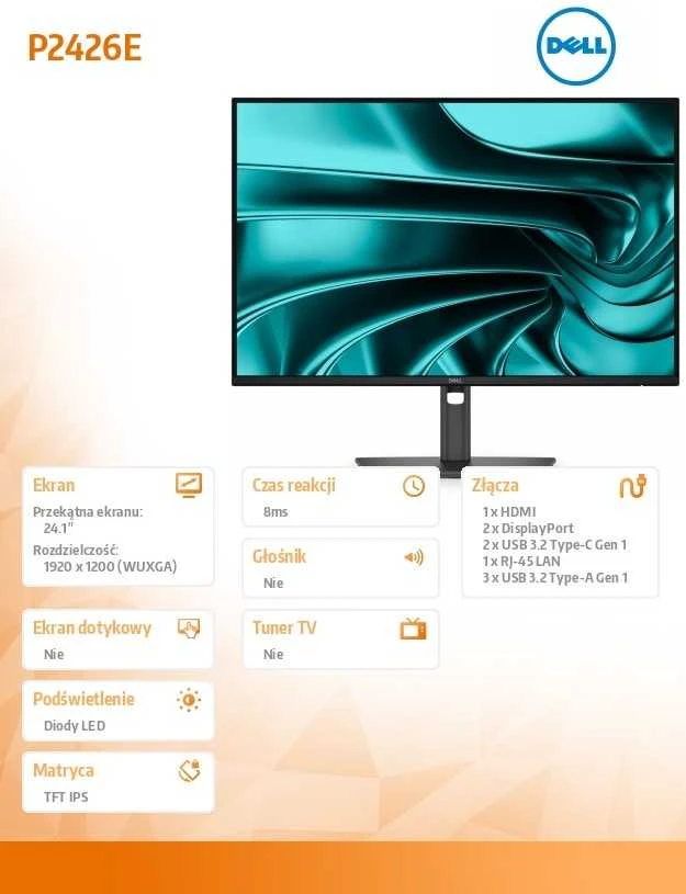Monitorius Dell P2426HE - 100Hz | 1920 x 1200 | IPS | 24.1" | RJ 45 | USB-C PD100W