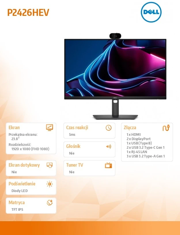 Monitorius Dell Pro P2426HEV, 24" Full HD (1920x1080) IPS, 120Hz, USB-C 90W, 5MP internetinė kamera, RJ45, reguliuojamas stovas