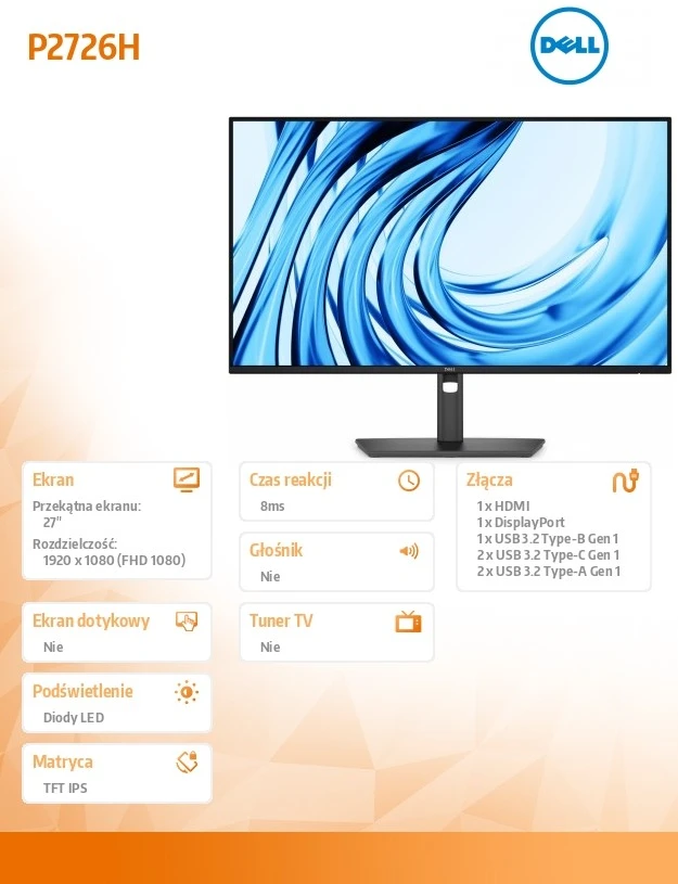 Monitorius Dell Pro P 27 P2726H, 27" Full HD (1920x1080) IPS, 120Hz, 5ms, USB-C, reguliuojamas stovas