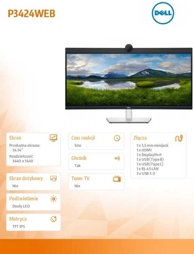 Dell Monitorius P3424web 34 colių IPS lenktas WQHD (3440x1440)/21:9/HDMI/DP/USB-C/RJ-45/Kamera/Garsiakalbiai/Mikrofonas/3Y
