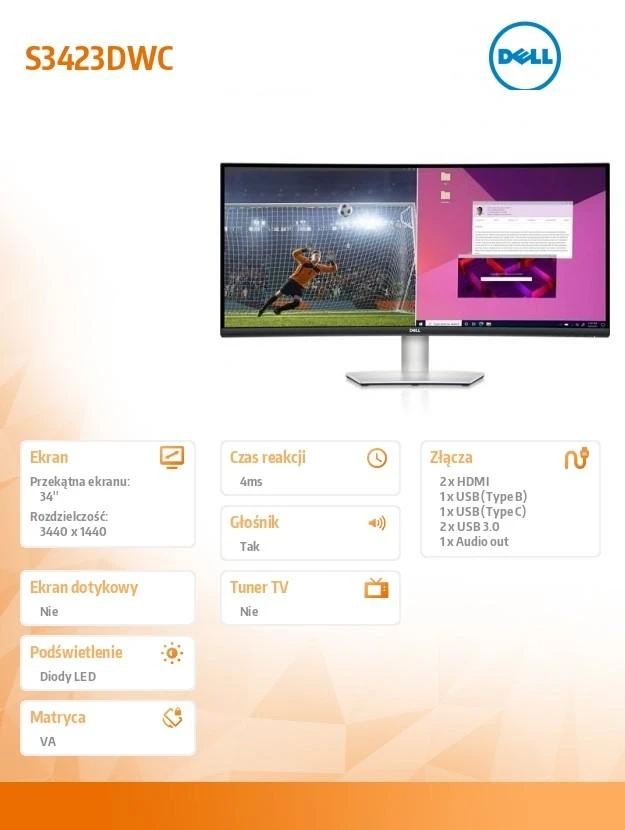 Monitorius Dell USB-C S3423DWC, 34Inch/Curved/ 3440 x 1440/ LED LCD/ VA/ 4ms/ 100Hz/300cd/m²,USB-C/ DP/ USB-A/HDMI, Audio Out, AMD FreeSync