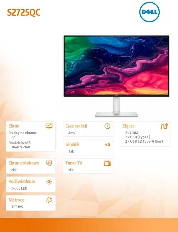 Dell Monitorius S2725QC 27" kaligrafinis AMD FreeSync IPS LED 4K (3840x2160) / 2xHDMI / USB-C / 2xUSB 3.2 / garsiakalbiai / 3y