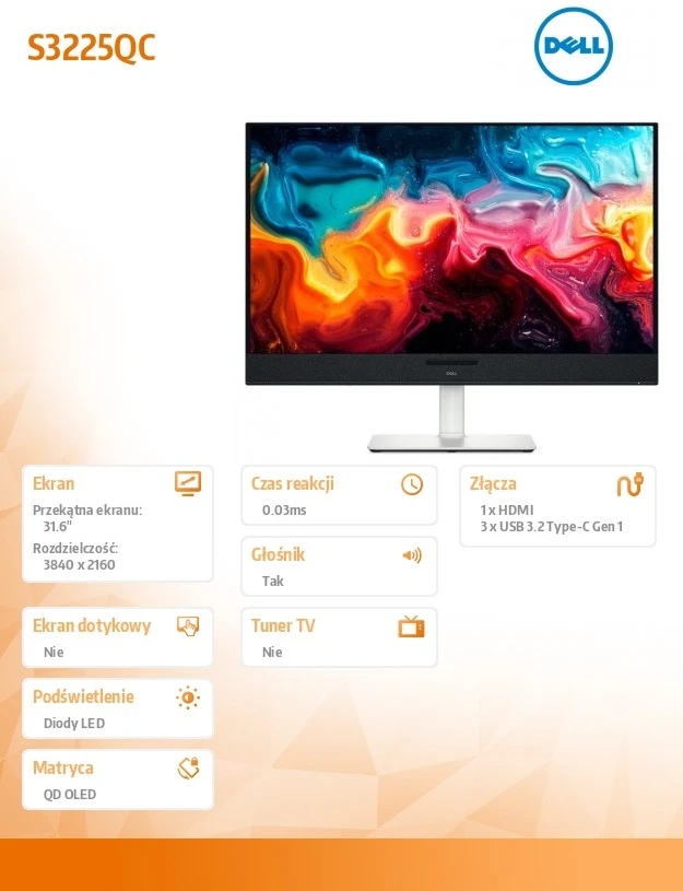 Dell Monitorius s3225qc 31.5 cala 4k (3840x2160)/16:9/hdmi/2xusb-c/speakers/3y