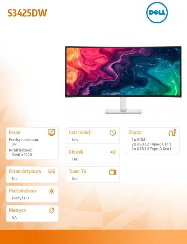Dell Monitorius S3425DW 34 colių įstrižainės lenktas AMD FreeSync VA LED WQHD (3440x1440) / 2xHDMI / 2xUSB-C / 2xUSB / 3y AES&PPE