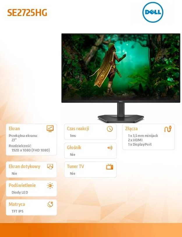 Monitorius Dell | SE2725HG | 27" | IPS | FHD | 16:9 | 200 Hz | 1 ms | 1920 x 1080 pikselių | 300 cd/m² | HDMI x2