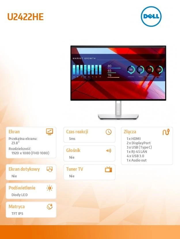 Monitorius Dell LCD U2422HE 23.8 ", IPS, FHD, 1920 x 1080, 16:9, 5 ms, 250 cd/m², Sidabrinis, HDMI jungtys
