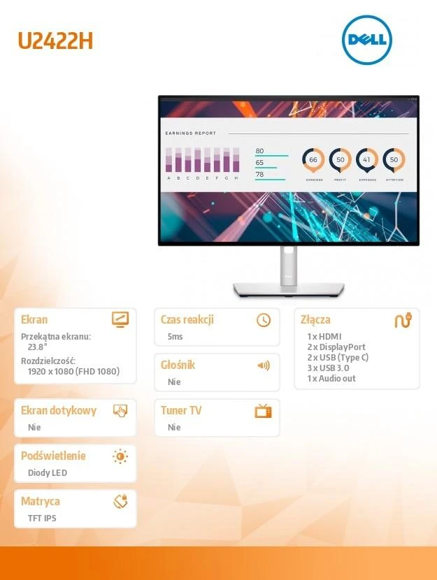Monitorius Dell UltraSharp U2422H, 23.8 ", IPS, FHD, 1920 x 1080, 16:9, 5 ms, 250 cd/m²