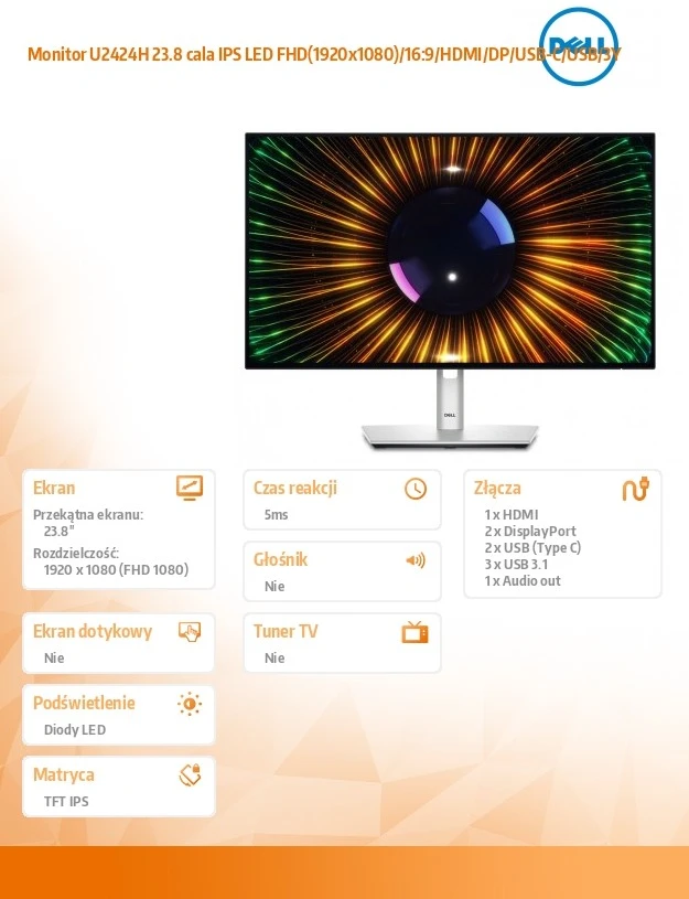 Monitorius Dell UltraSharp U2424H, 23.8" Full HD (1920x1080) IPS, 120Hz, 5ms, USB-C šakotuvas, 100% sRGB, reguliuojamas stovas