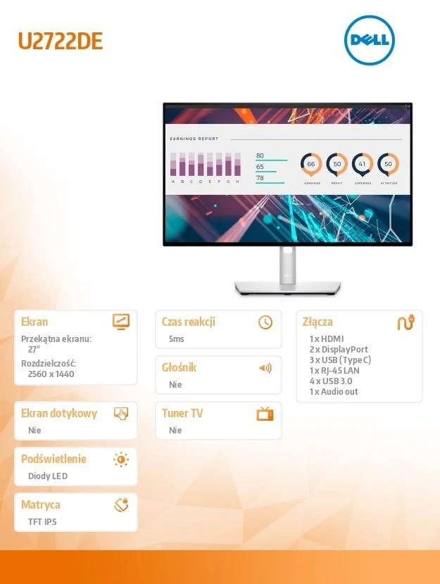 Dell UltraSharp 27 USB-C Hub Monitorius- U2722DE - 68.47cm (27")
