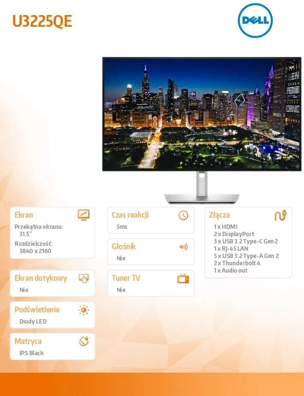 Monitorius DELL U3225QE 31.5" | IPS | 3840x2160 | 16:9 | 120 Hz | 5 ms