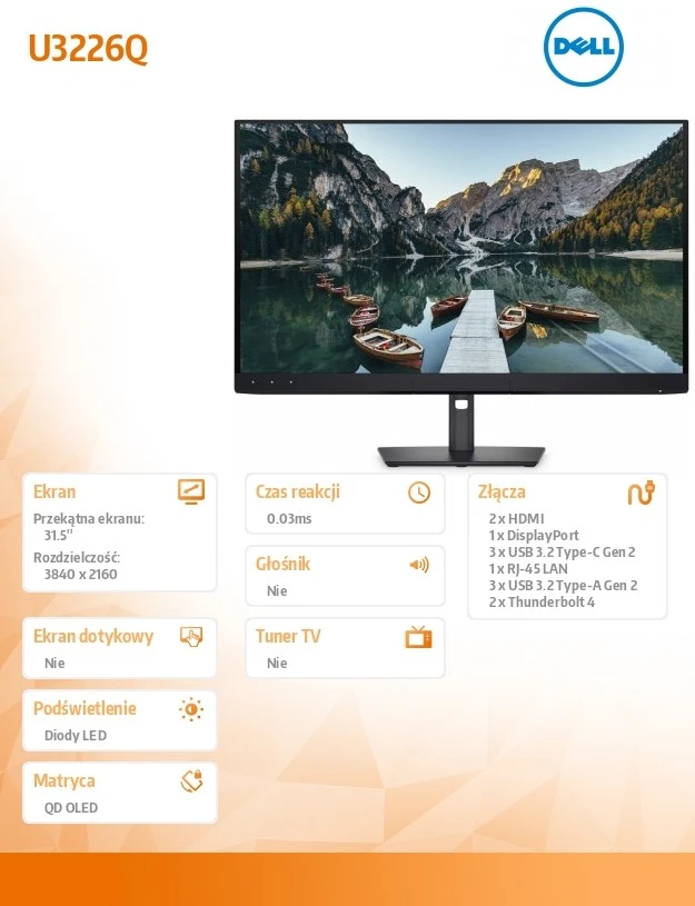 Monitorius Dell UltraSharp U3226Q - 120Hz | 4K | QD-OLED | 31.5" | Thunderbolt 4 | RJ 45 | USB-C PD140W