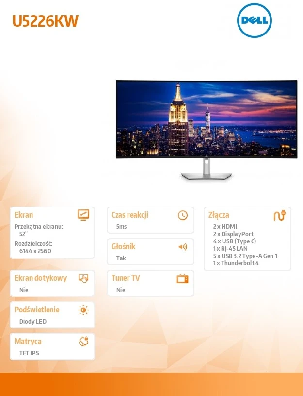 Monitorius Dell | U5226KW | 52 " | IPS | 6K | 21:9 | 120 Hz | 5/8 ms | 6144 x 2560 pikselių | 400 cd/m² | HDMI jungtys quantity 2 | Sidabrinis