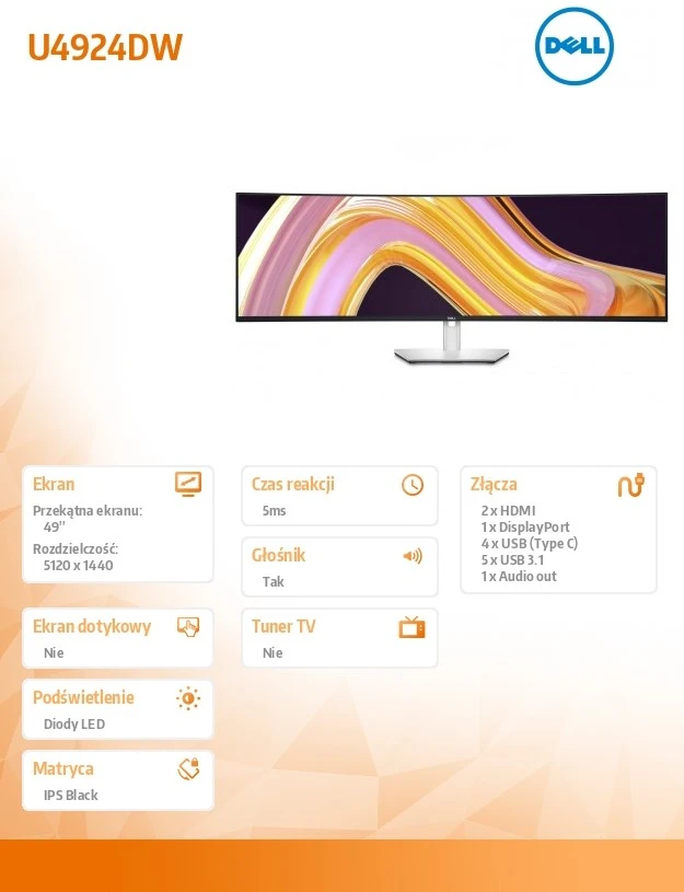 Monitorius Dell UltraSharp U4924DW, 49" Dual QHD (5120x1440) lenktas, IPS Black, 32:9, 60Hz, USB-C 90W, KVM, garsiakalbiai