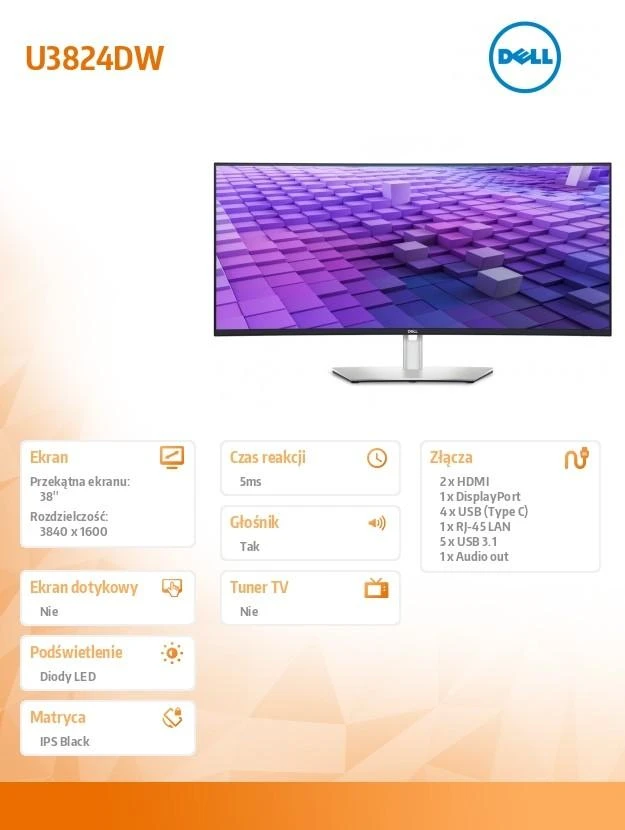 Dell 38 colių lenktas monitorius u3824dw 21:9/3840x1600/3y ppg