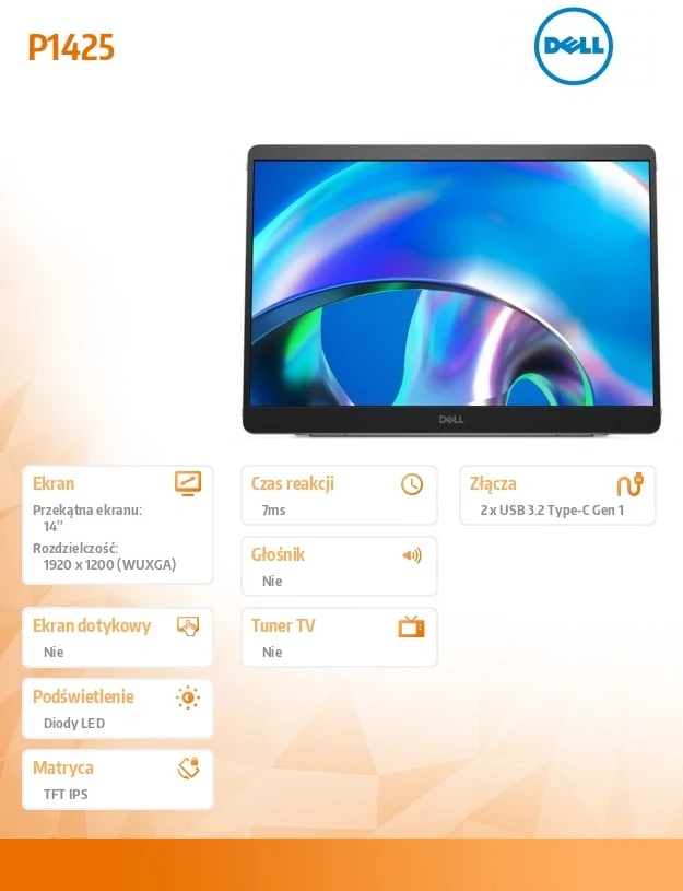 Monitorius Dell | P1425 | 14 " | IPS | 16:10 | 60 Hz | 7 ms | 1920 x 1200 pikselių | 400 cd/m²