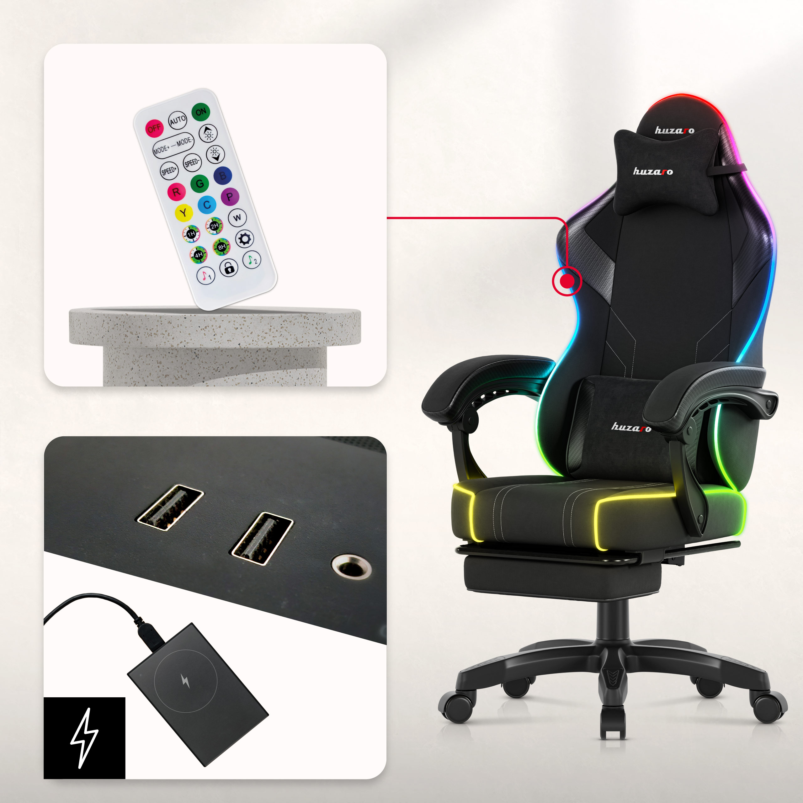 Žaidimų kėdė Huzaro Force 3.7 RGB, juodos spalvos aprašymas - Prekės nuotrauka