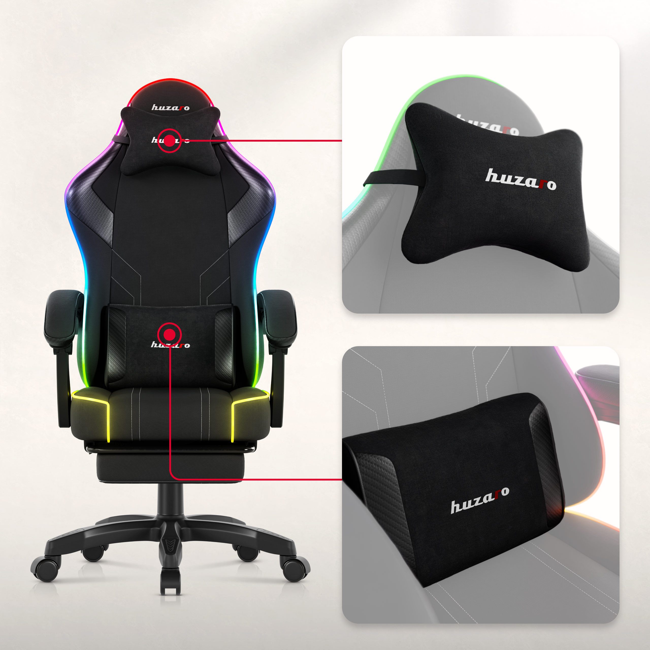 Žaidimų kėdė Huzaro Force 3.7 RGB, juodos spalvos aprašymas - Prekės nuotrauka