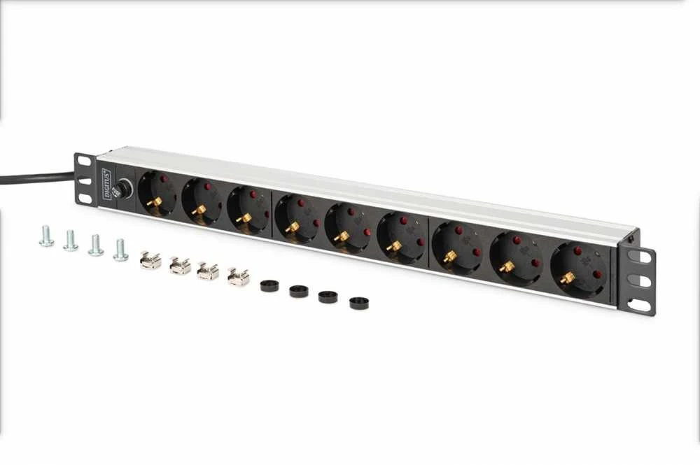 Digitus PDU Rack 19" maitinimo lizdas su apsauga nuo perkrovos, 9 Schuko CEE 7/3 (45°) lizdai, 2 m laidas, IEC C14 kištukas, 10A, aliuminis