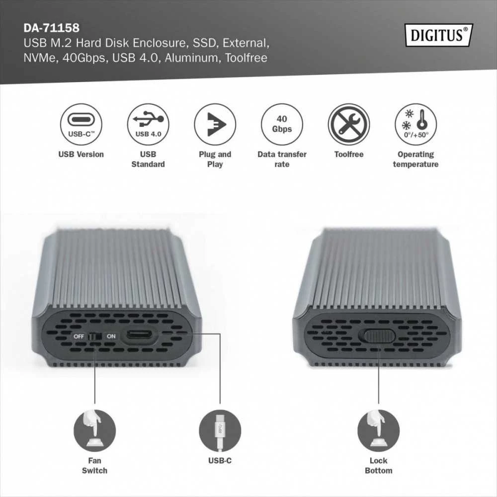 „Digitus DA-71158“ kietojo disko korpusas SSD korpusas pilkas m.2