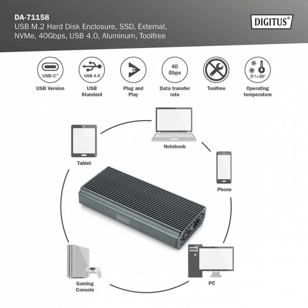 „Digitus DA-71158“ kietojo disko korpusas SSD korpusas pilkas m.2
