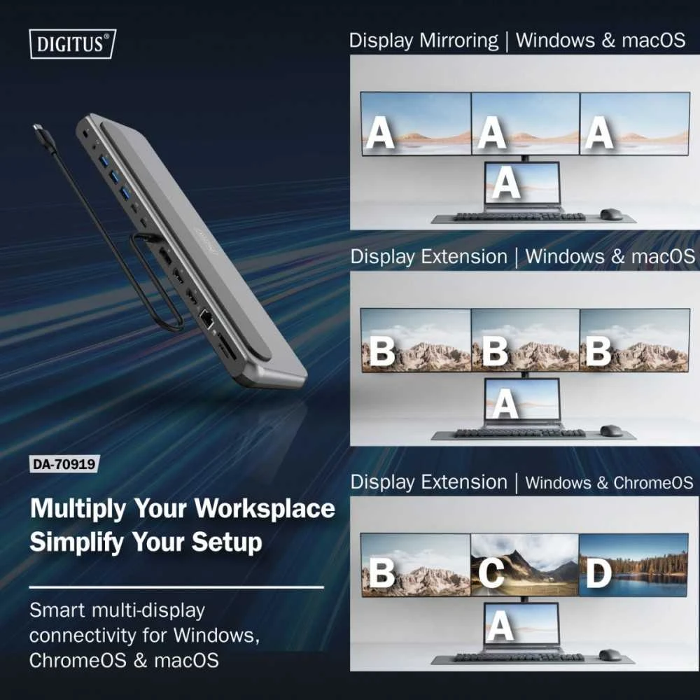 „Digitus USB-C 8K“ prijungimo stotelė, 12 prievadų | DA-70919 | Ethernet LAN (RJ-45) jungtys: 1 | HDMI jungčių kiekis: 2