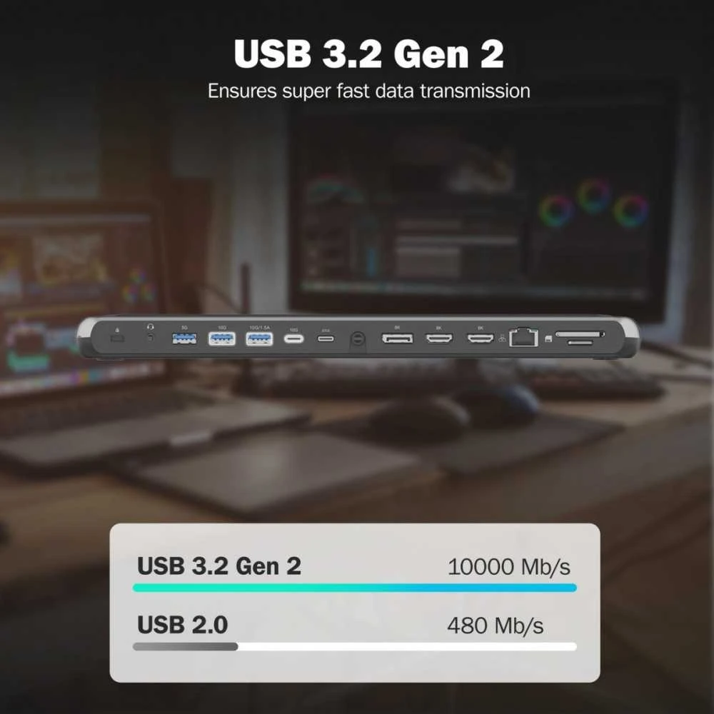 „Digitus USB-C 8K“ prijungimo stotelė, 12 prievadų | DA-70919 | Ethernet LAN (RJ-45) jungtys: 1 | HDMI jungčių kiekis: 2