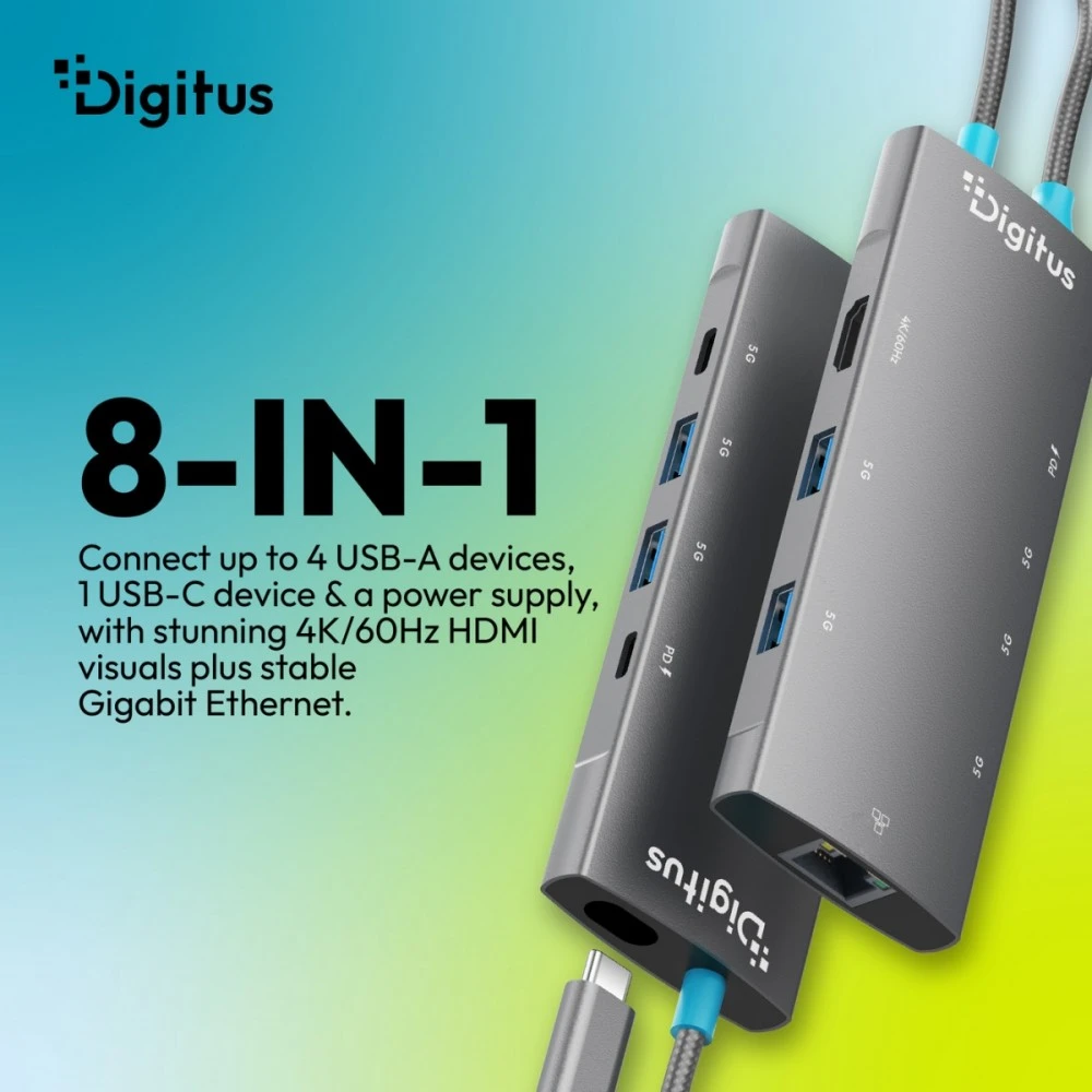 Digitus USB-C prijungimo stotis, 8 prievadų, universali, USB Type-C, pilka
