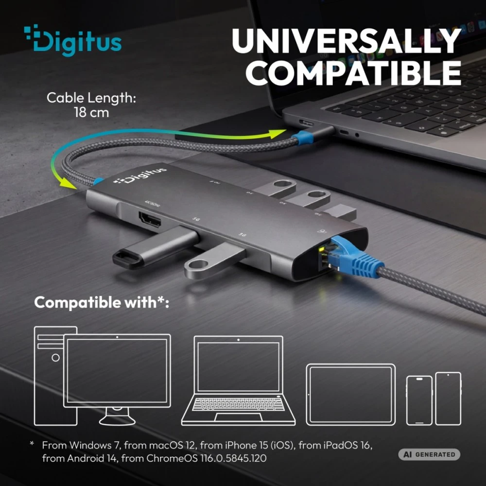 Digitus USB-C prijungimo stotis, 8 prievadų, universali, USB Type-C, pilka