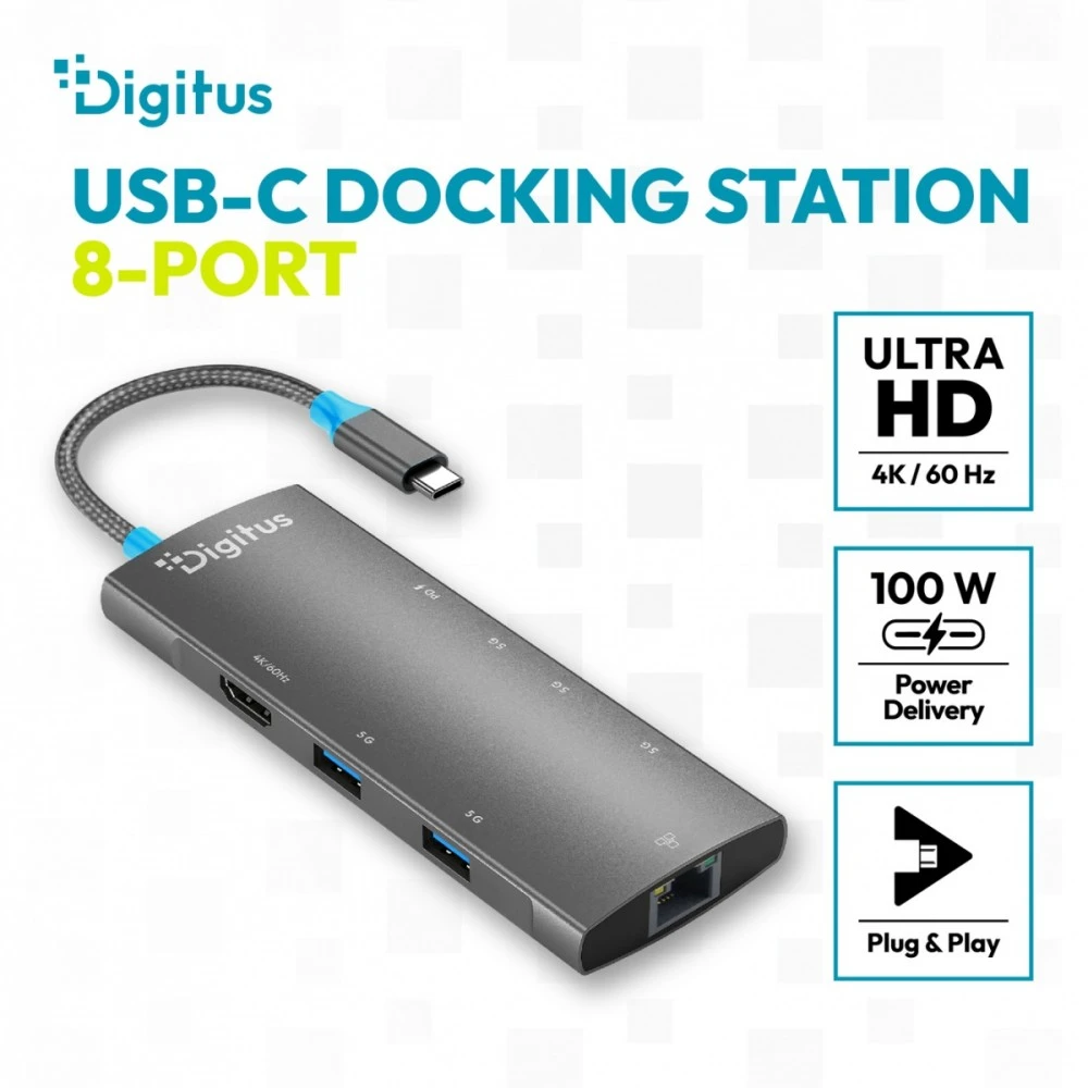 Digitus USB-C prijungimo stotis, 8 prievadų, universali, USB Type-C, pilka