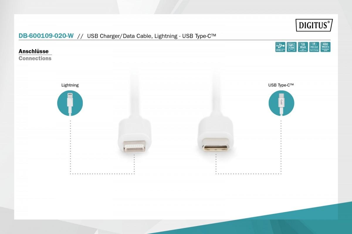 Digitus Skaitmenas | Lightning to USB-C duomenų / įkrovimo kabelis | DB-600109-020-W | USB-C prie Lightning Apple Lightning 8 kontaktų | USB C