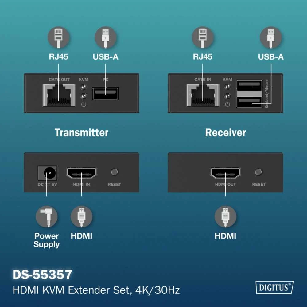 Assmann Electronic DIGITUS HDMI KVM ilgintuvas 4K/30Hz 40/70 m PoC CAT juodas