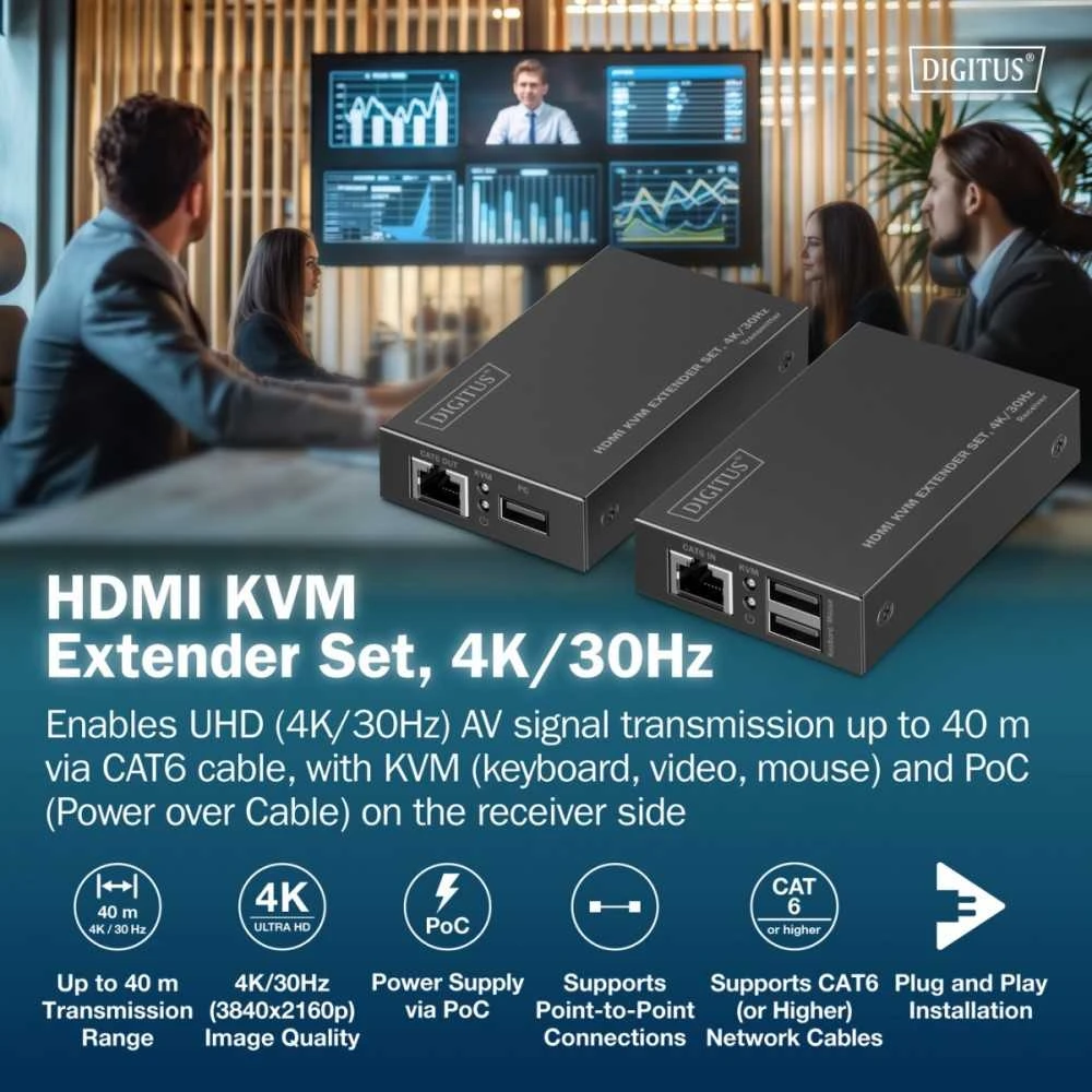 DIGITUS HDMI KVM ilgintuvas 4K 30Hz su technine specifikacija
