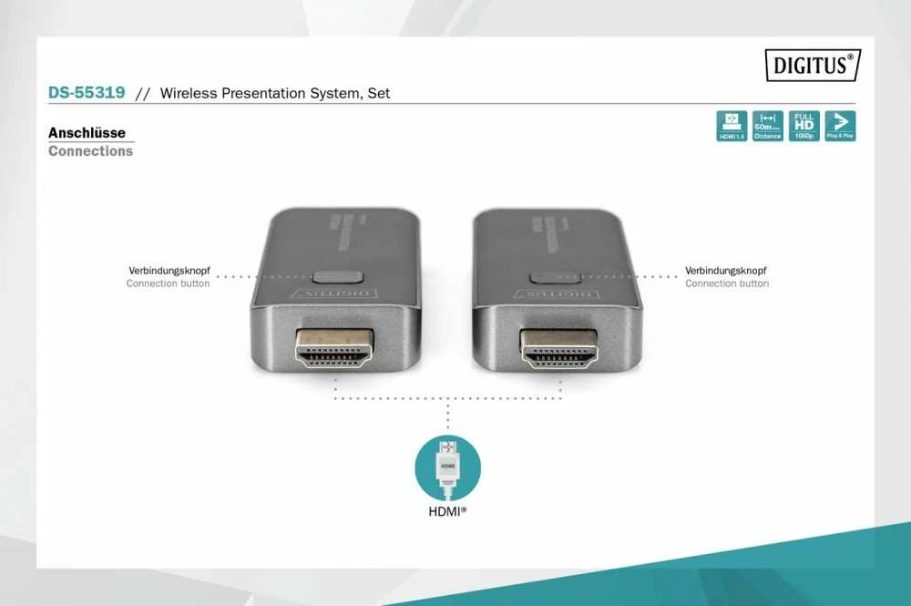 Digitus HDMI plėtiklio / plėstuvo pristatymas, belaidis 50 m 1080p 60 Hz 5 GHz (rinkinys)
