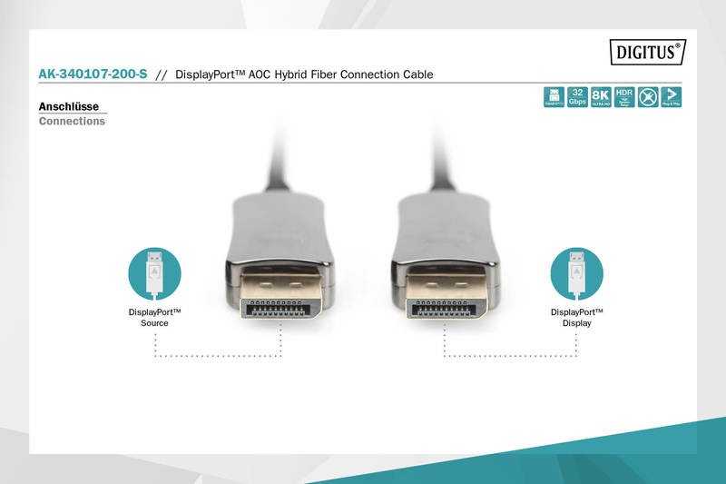 Digitus Hibridinis aoc ekrano prievadas 1.4 8k / 60hz uhd dp / dp m/m jungiamasis laidas 20m juodas
