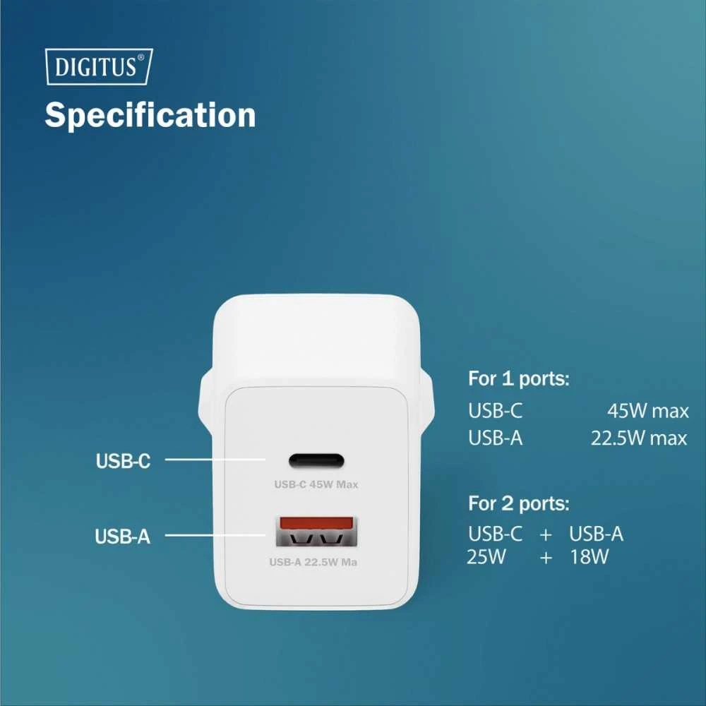 Digitus | USB GaN Charger 45W, 1x USB-C, 1x USB-A | DA-10302