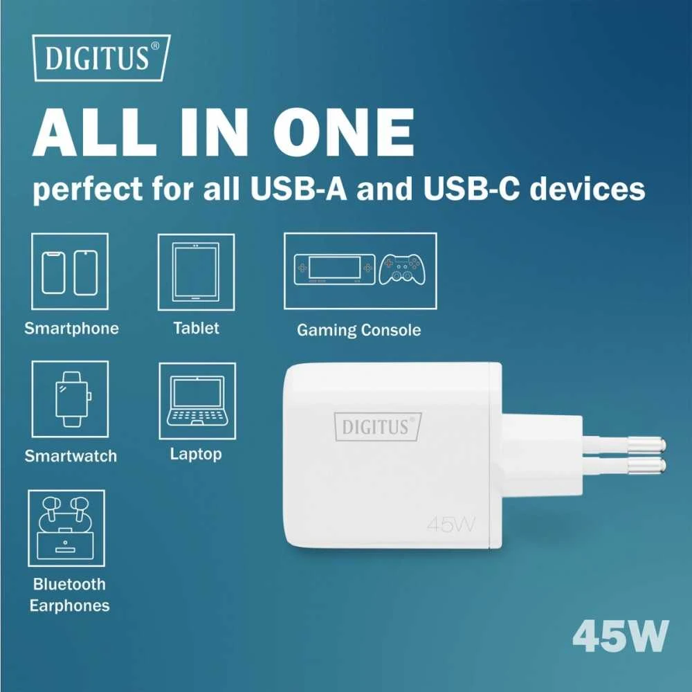 Digitus | USB GaN Charger 45W, 1x USB-C, 1x USB-A | DA-10302
