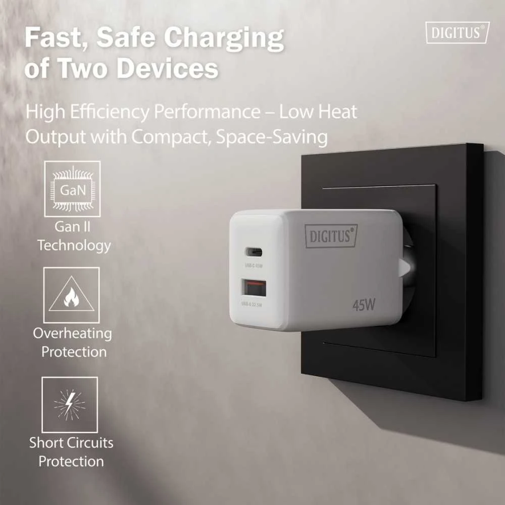 Digitus | USB GaN Charger 45W, 1x USB-C, 1x USB-A | DA-10302
