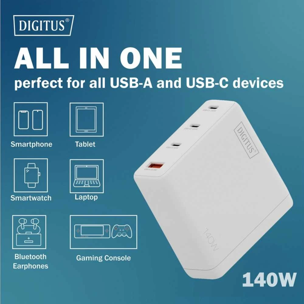 „Digitus“ | USB GaN įkroviklis 140 W, 3 x USB-C, 1 x USB-A | DA-10305