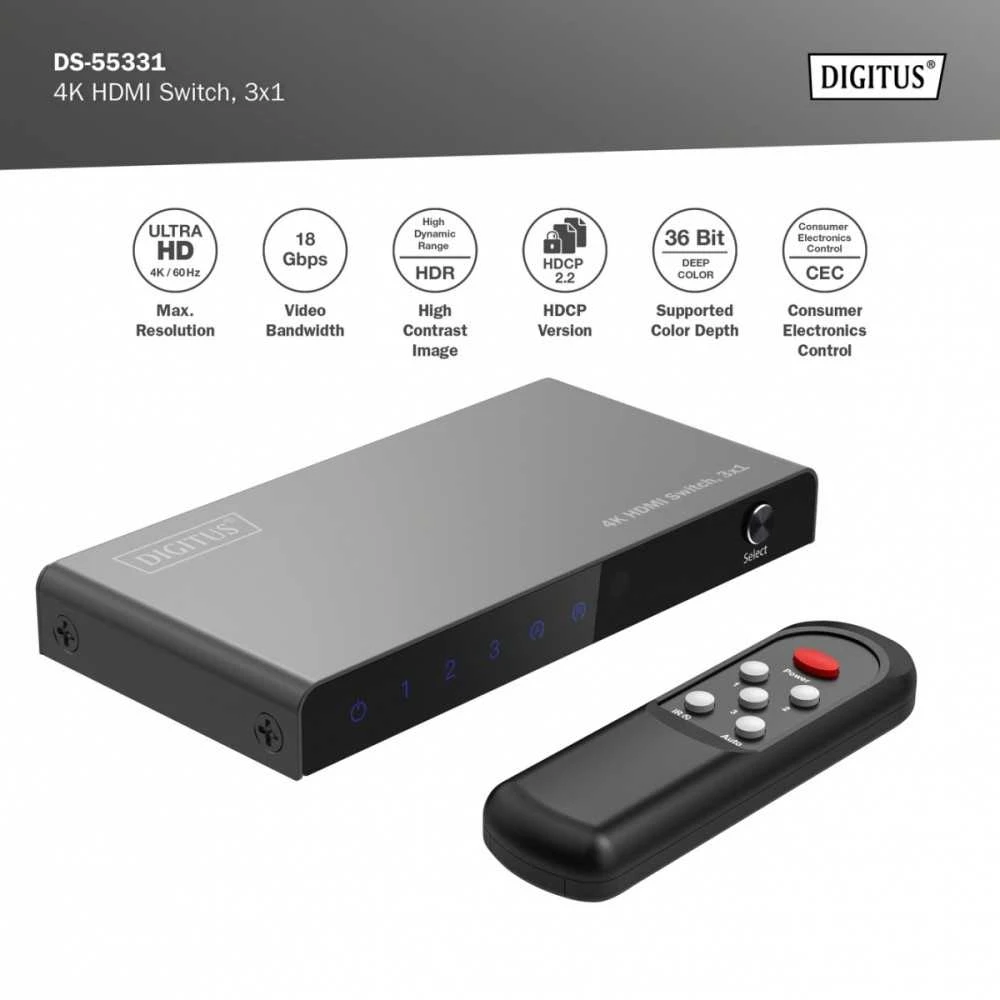 Digitus Jungiklis 4k hdmi 3x1, 60hz hdcp 2.3, nuotolinio valdymo pultas, juodas