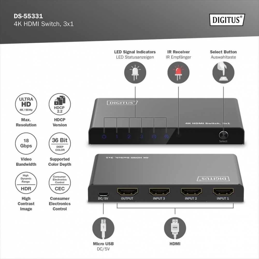 Digitus Jungiklis 4k hdmi 3x1, 60hz hdcp 2.3, nuotolinio valdymo pultas, juodas