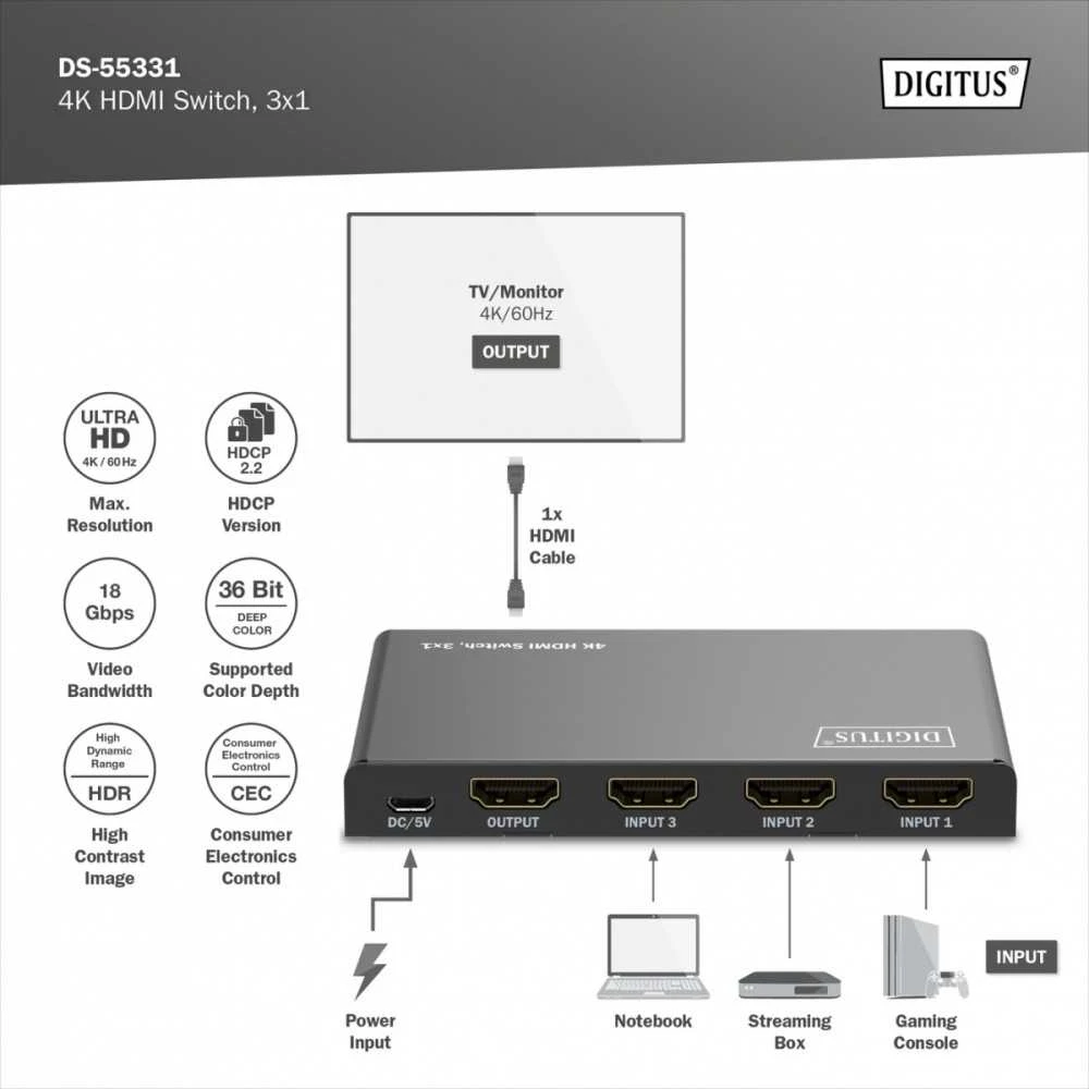 Digitus Jungiklis 4k hdmi 3x1, 60hz hdcp 2.3, nuotolinio valdymo pultas, juodas