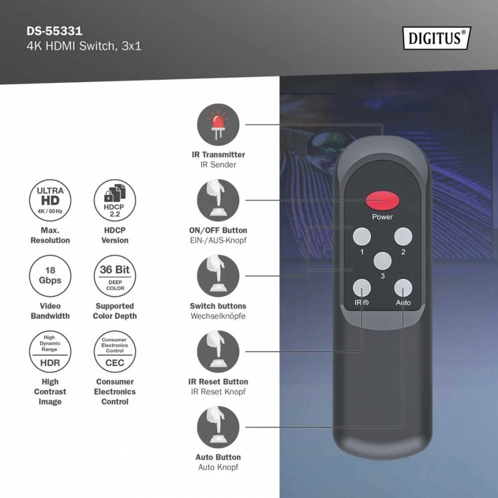 Digitus Jungiklis 4k hdmi 3x1, 60hz hdcp 2.3, nuotolinio valdymo pultas, juodas