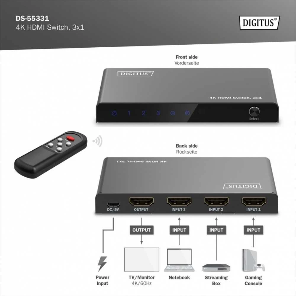 Digitus Jungiklis 4k hdmi 3x1, 60hz hdcp 2.3, nuotolinio valdymo pultas, juodas