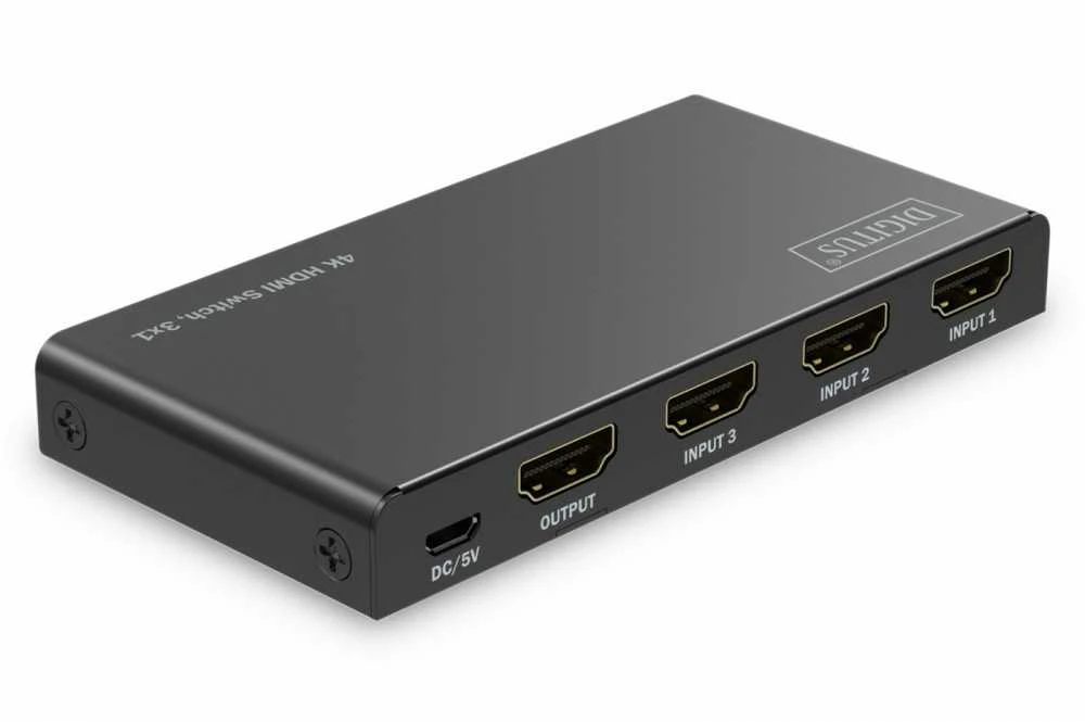 Digitus Jungiklis 4k hdmi 3x1, 60hz hdcp 2.3, nuotolinio valdymo pultas, juodas