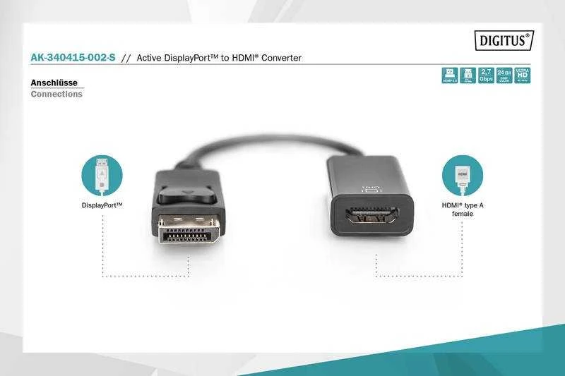 Digitus „Displayport“ adapterio kabelis su fiksatoriumi 1080p 60hz fhd tipo dp/hdmi a m/f 0,2m juodas