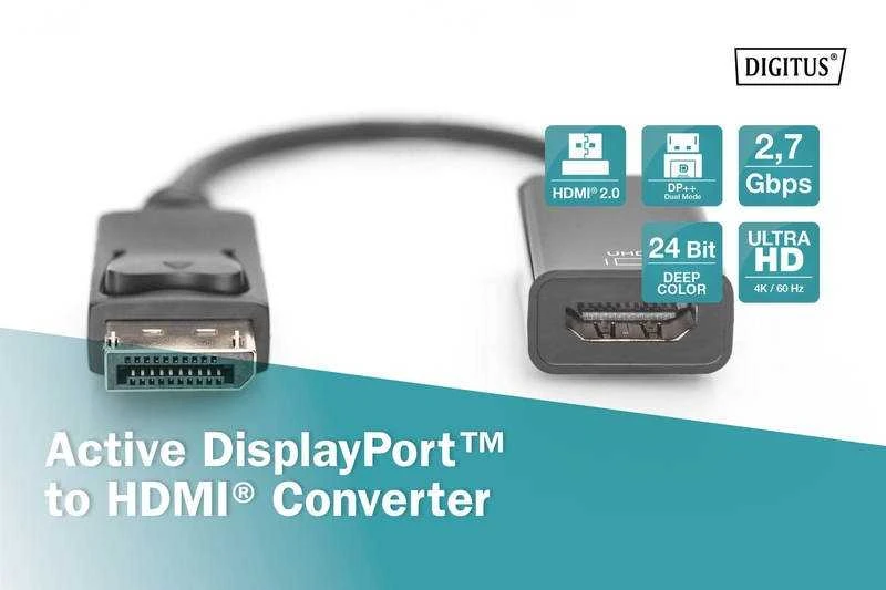 Digitus „Displayport“ adapterio kabelis su fiksatoriumi 1080p 60hz fhd tipo dp/hdmi a m/f 0,2m juodas