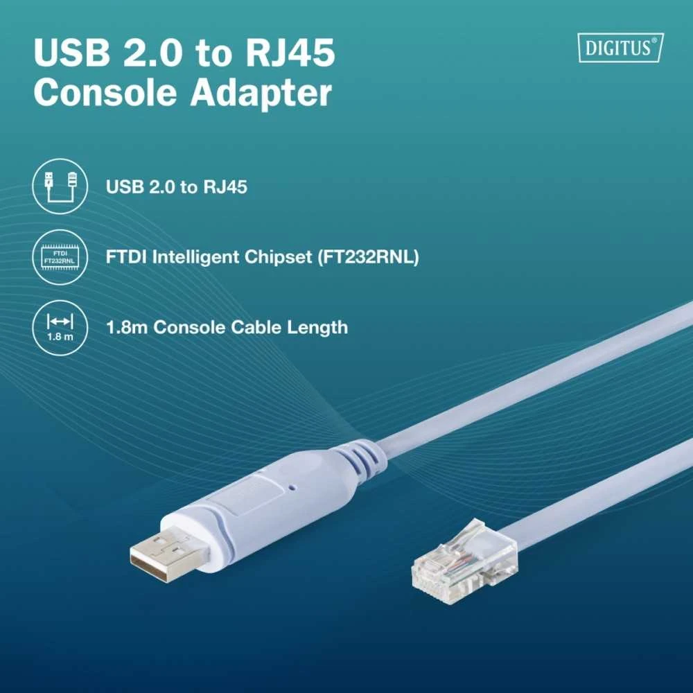 Digitus Kabelis adapter do konsoli usb-a 2.0 męski do rj45 | chipset ftdi (ft232rnl) | Šviesiai mėlynas | 1.8m