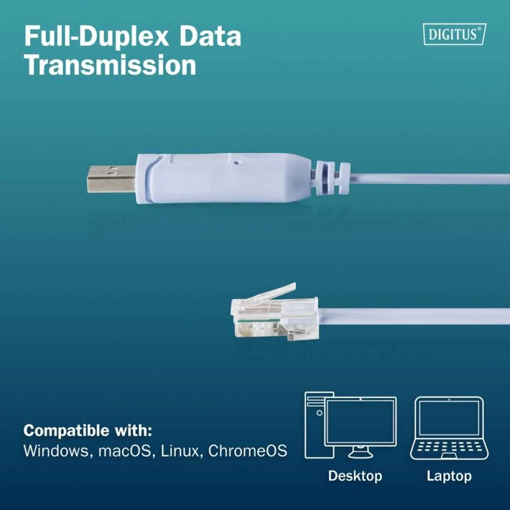 Digitus Kabelis adapter do konsoli usb-a 2.0 męski do rj45 | chipset ftdi (ft232rnl) | Šviesiai mėlynas | 1.8m