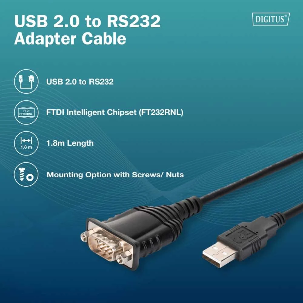 Kabelis USB Digitus USB-A - DB-9 1.8 m Juodas (DA-70172)