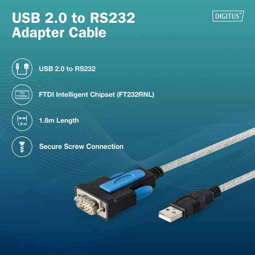„Digitus“ kabelis USB 2.0–RS232 (db9) adapteris | FTDI (ft232rnl) lustų rinkinys | PVC, skaidrus | prisukamas tvirtinimas | 1,8 m